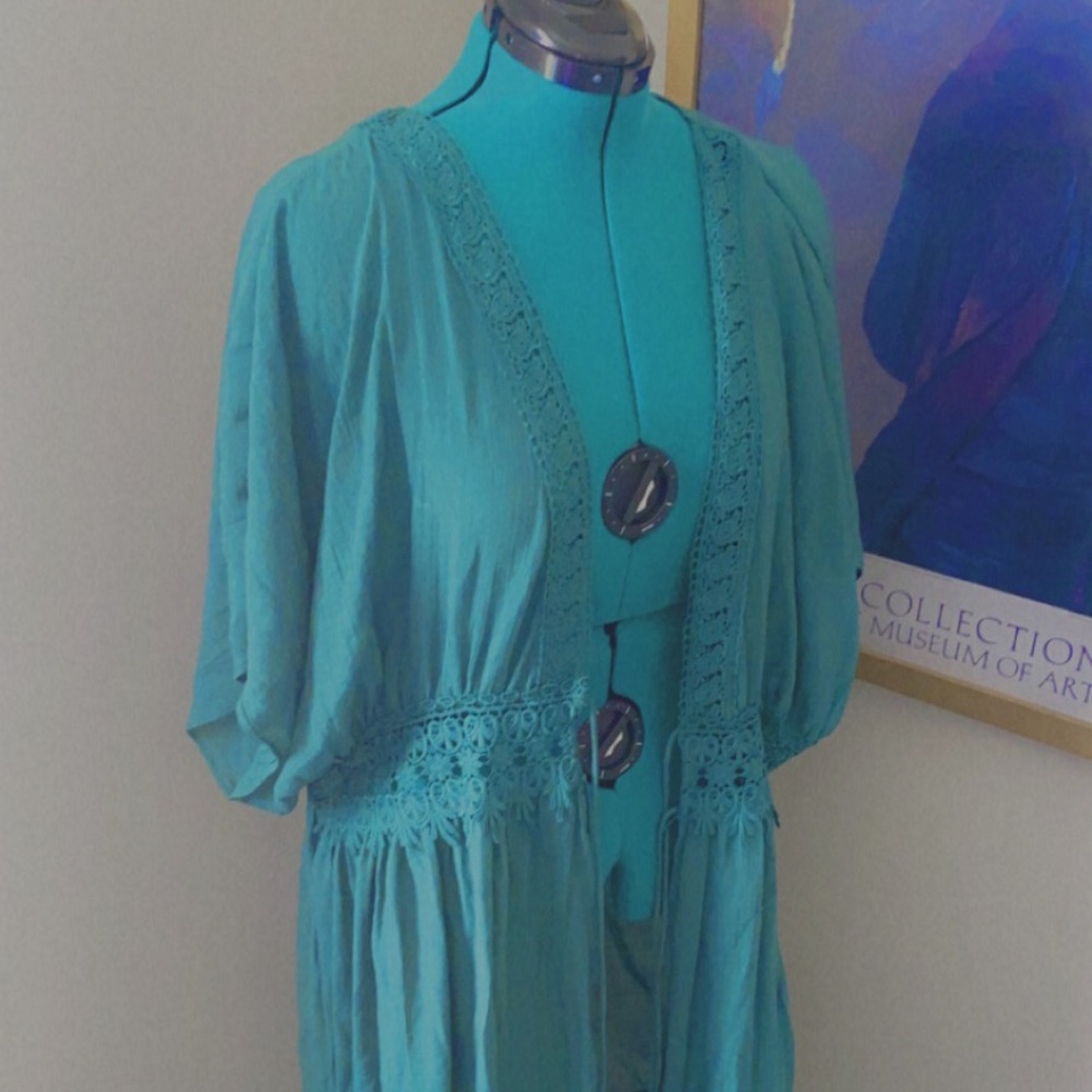 Teal kimono top.